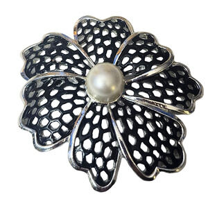 Vtg Large Mod Black Enamel Polka Dot Faux Pearl Pin Brooch